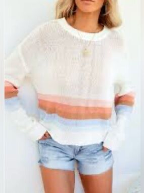 Thread & Supply Cream Sweater with Pink, Brown and Light Blue Stripes